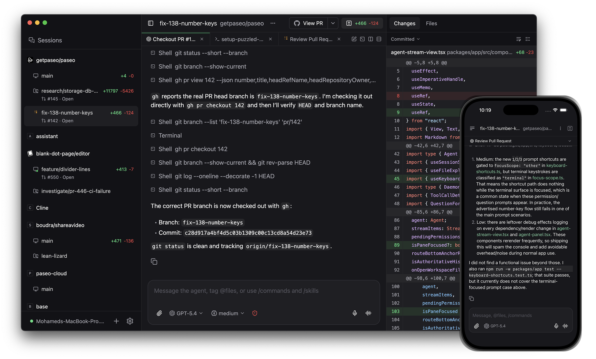 JCode desktop app with coding agents, a conversation, and a code diff open side by side